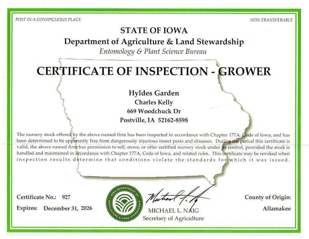 Certificate of Nursery Inspection, valid through December 31, 2026
