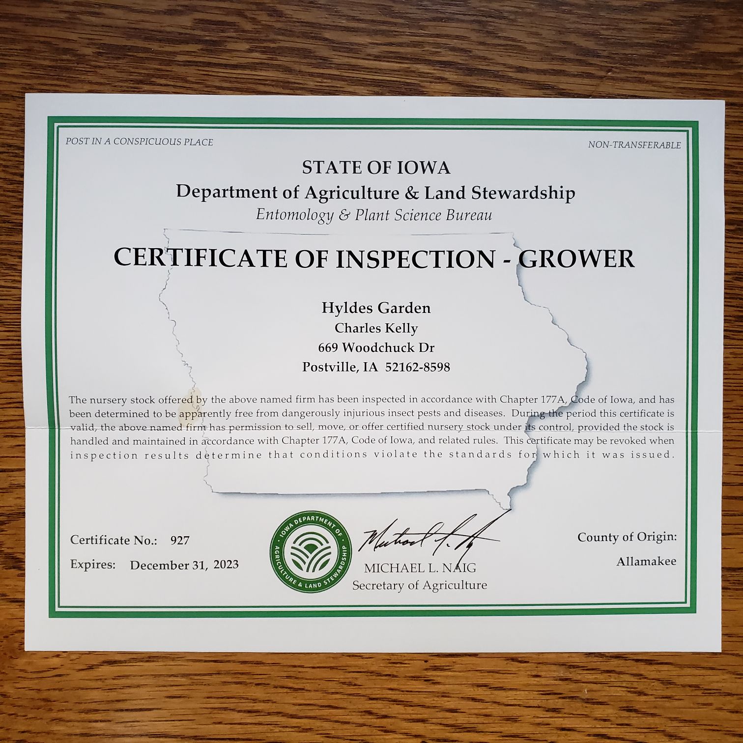 Certificate of Nursery Inspection, valid through December 31, 2023